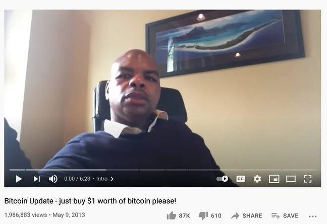 A screenshot of YouTuber Davinci Jeremie in 2013 urging viewers to buy at least one dollar's worth of Bitcoin.